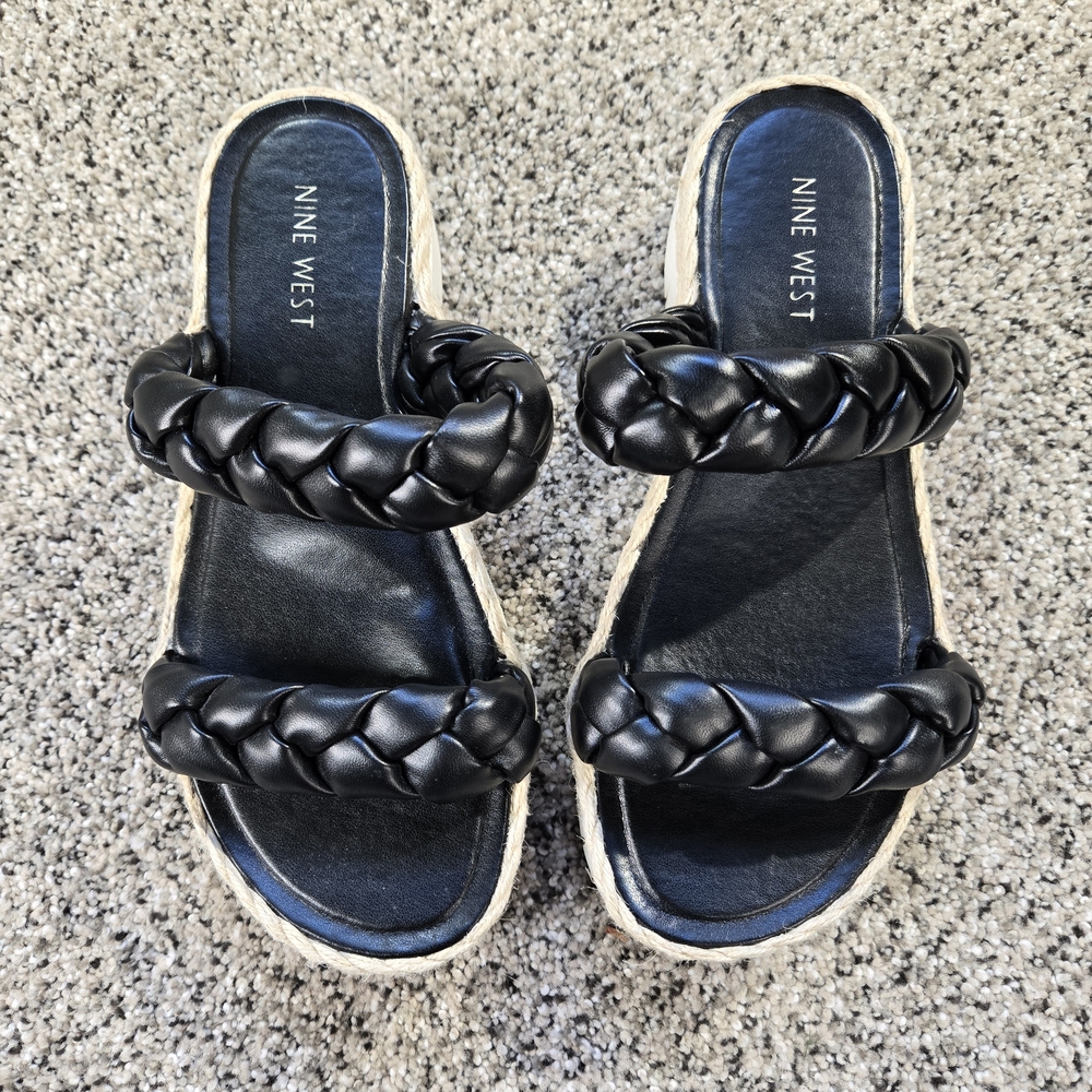 Nine West Saven Black & Juke Braided Women's Sandals Size 7 Wedges GUC